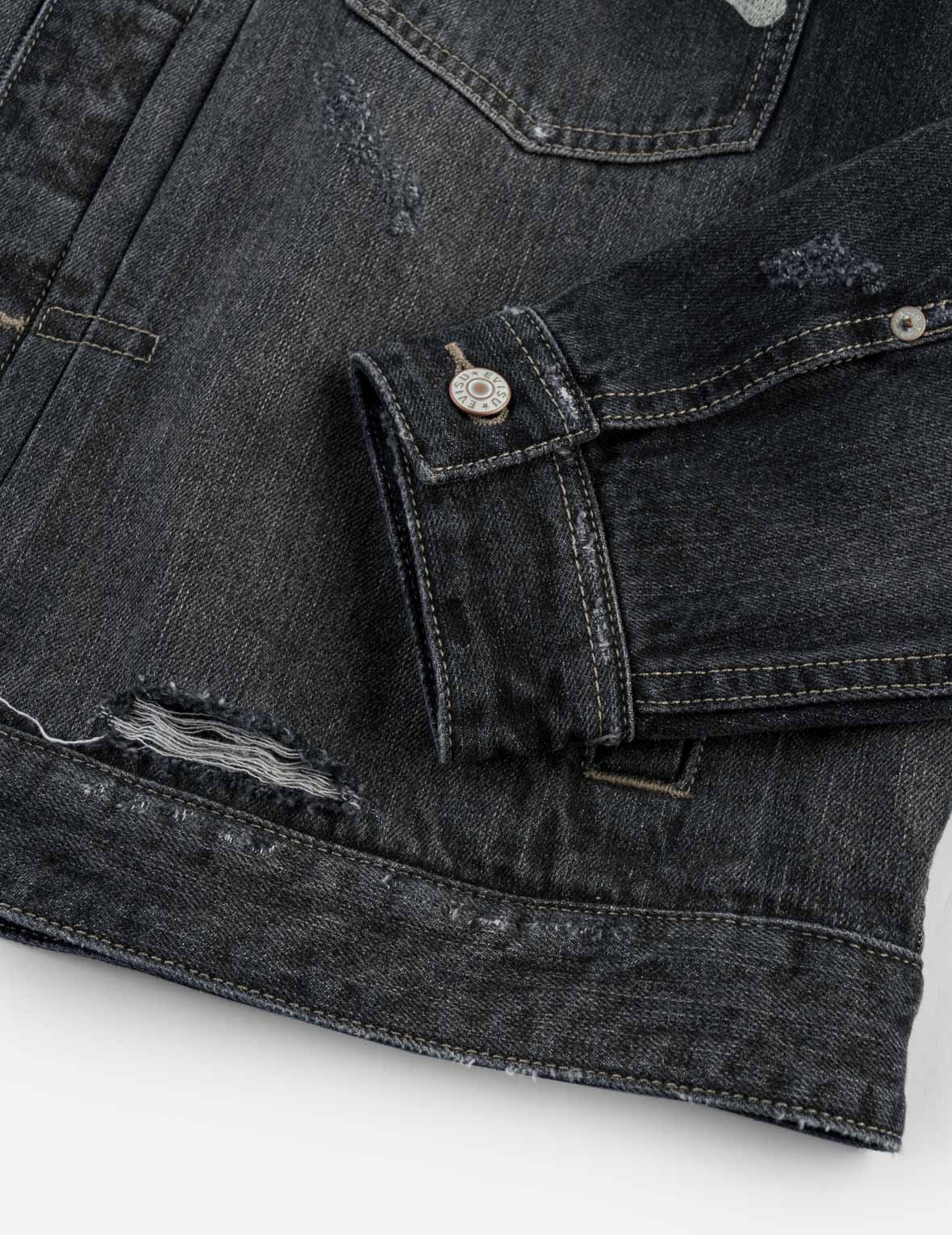 Kanji "Ebisu" Distressed Denim Trucker Jacket