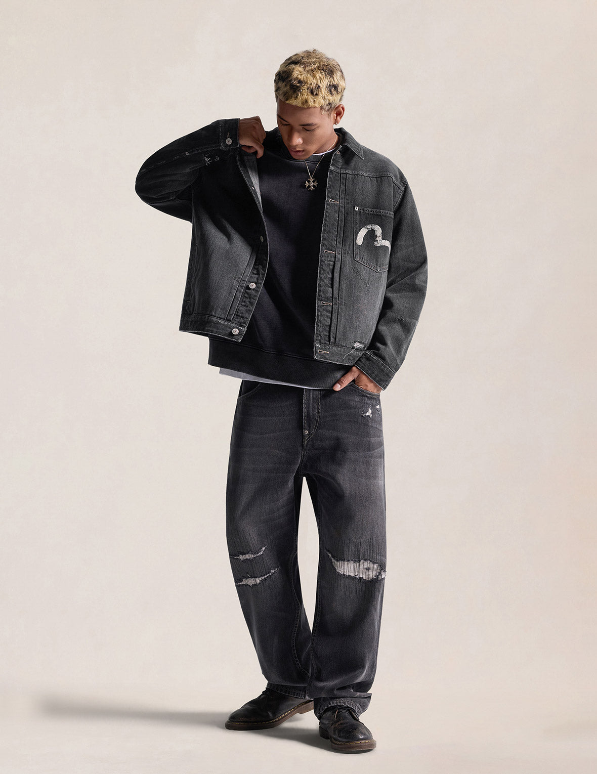Kanji "Ebisu" Distressed Denim Trucker Jacket