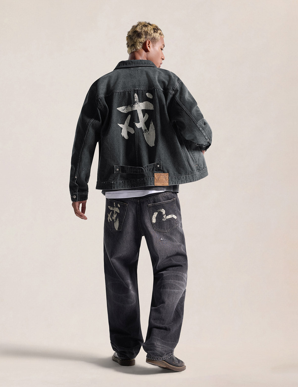 Kanji "Ebisu" Distressed Denim Trucker Jacket