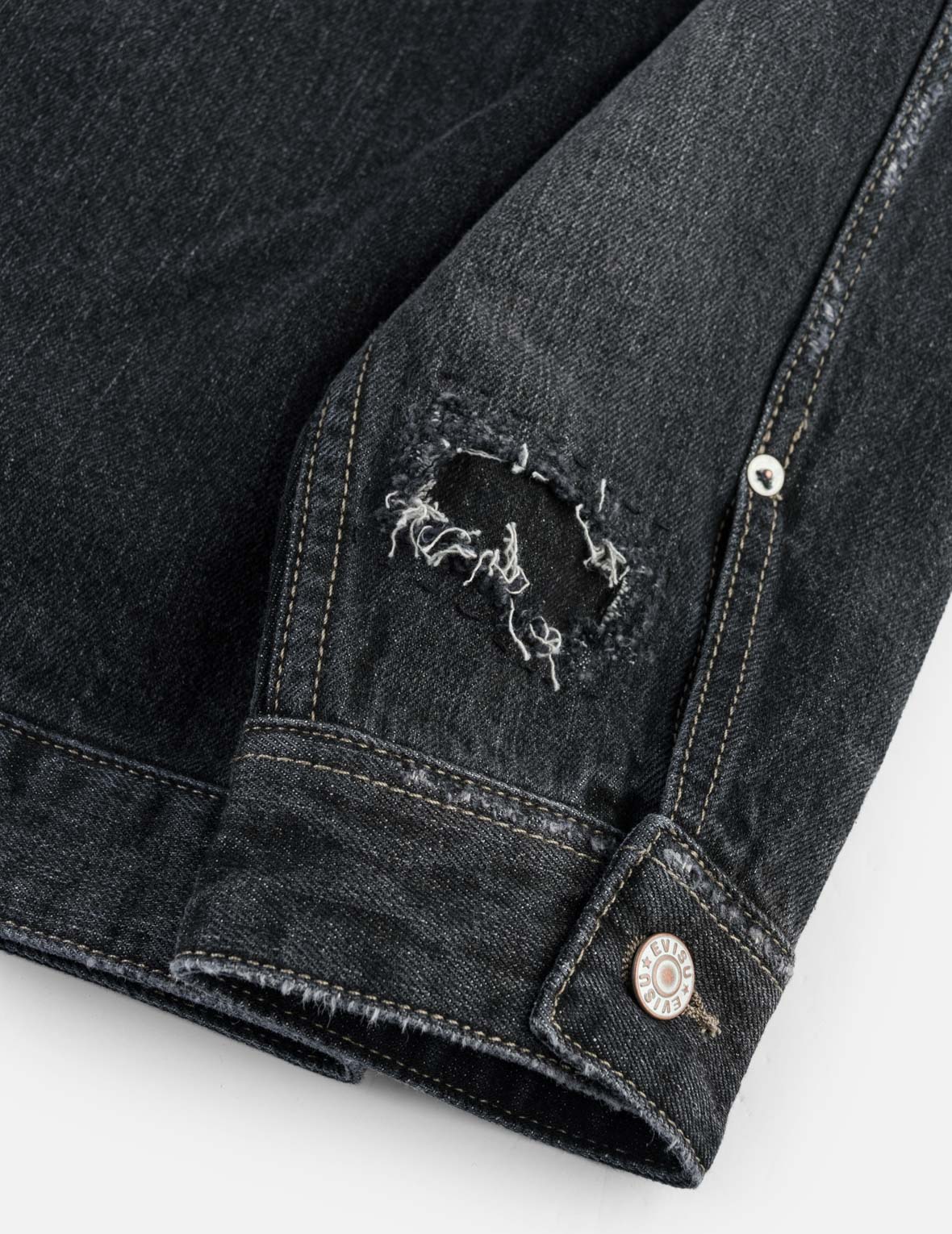 Kanji "Ebisu" Distressed Denim Trucker Jacket