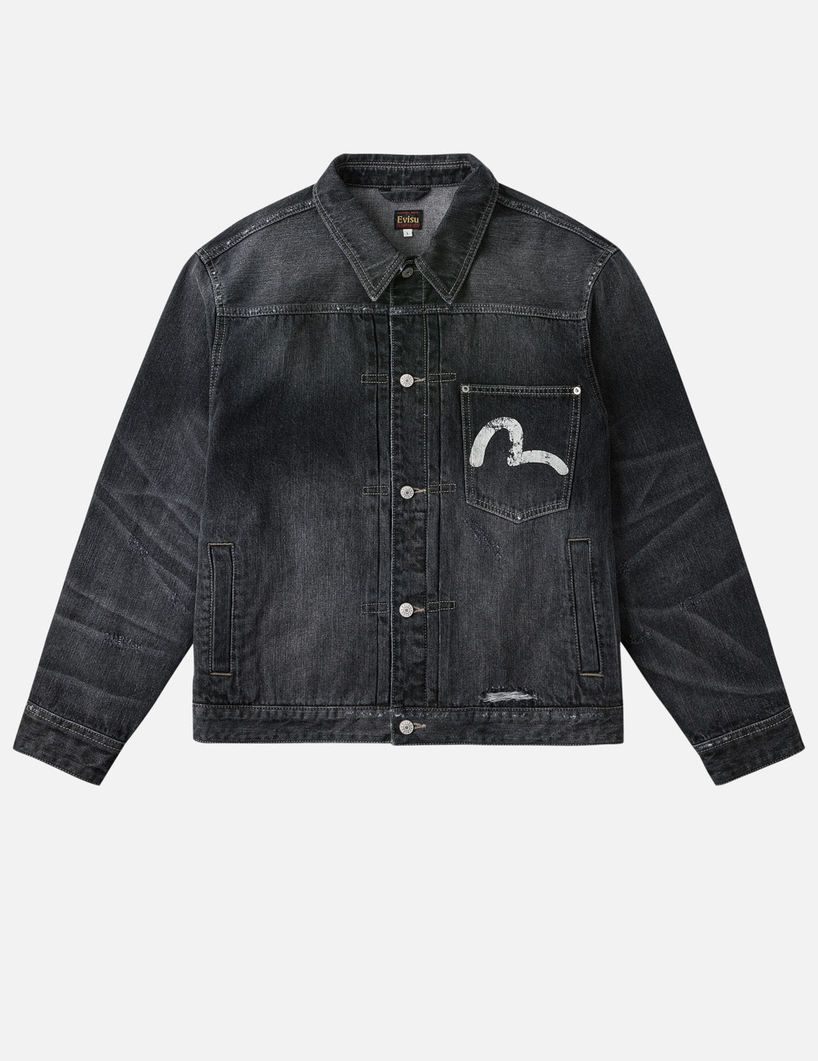 Kanji "Ebisu" Distressed Denim Trucker Jacket