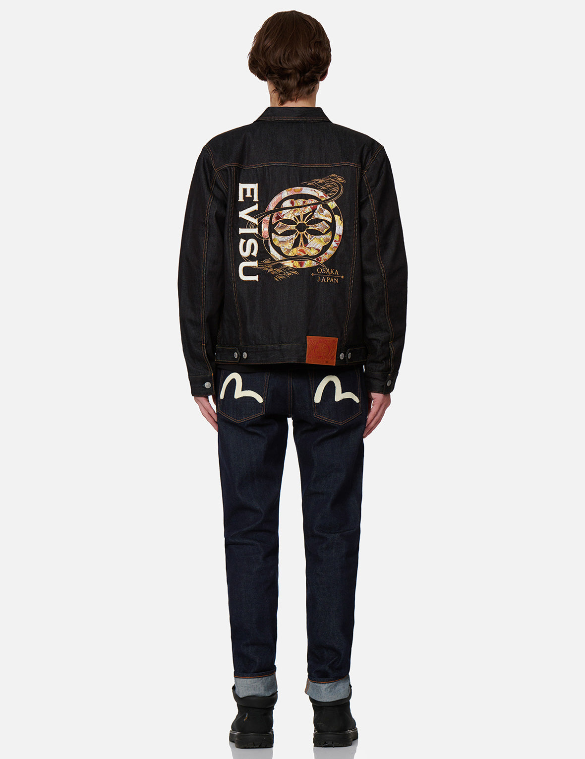 Koi-pattern Kamon and Logo Embroidery Denim Jacket