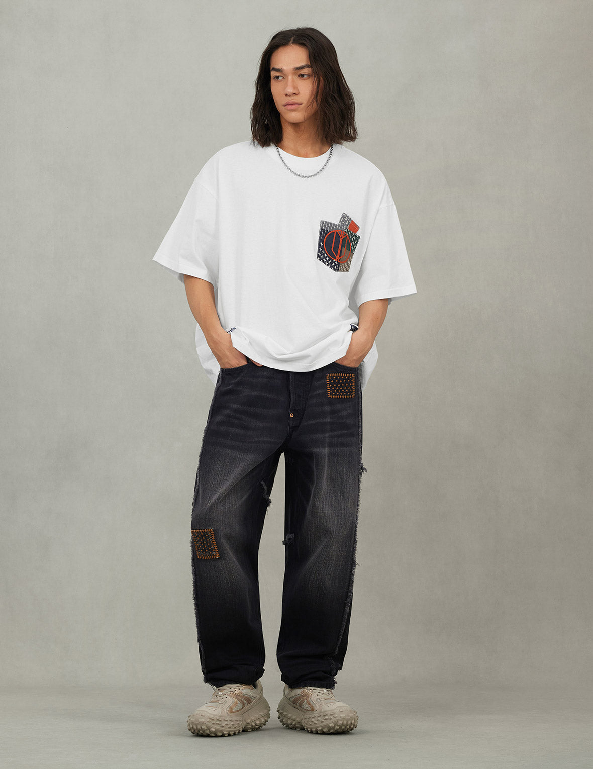 Multi-pocket Color Blocking Sashiko Loose Fit T-shirt