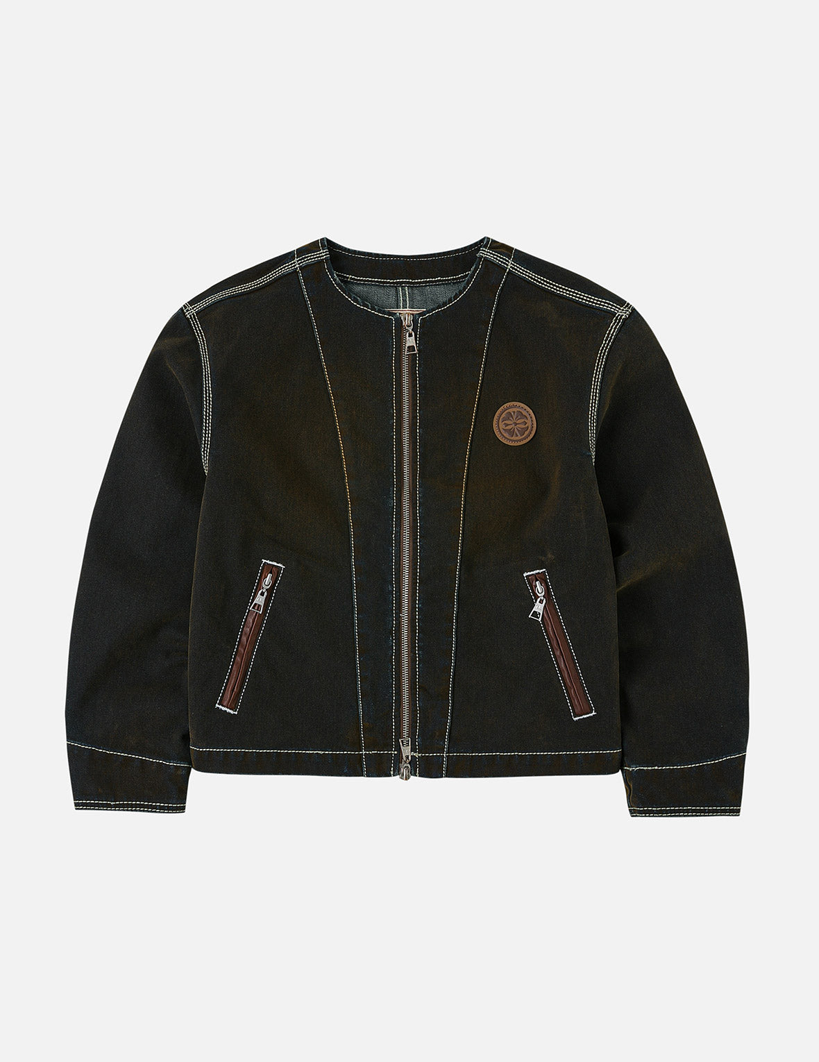 Contrast Stitch Design and Kamon Leather Label Regular Fit Denim Jacket