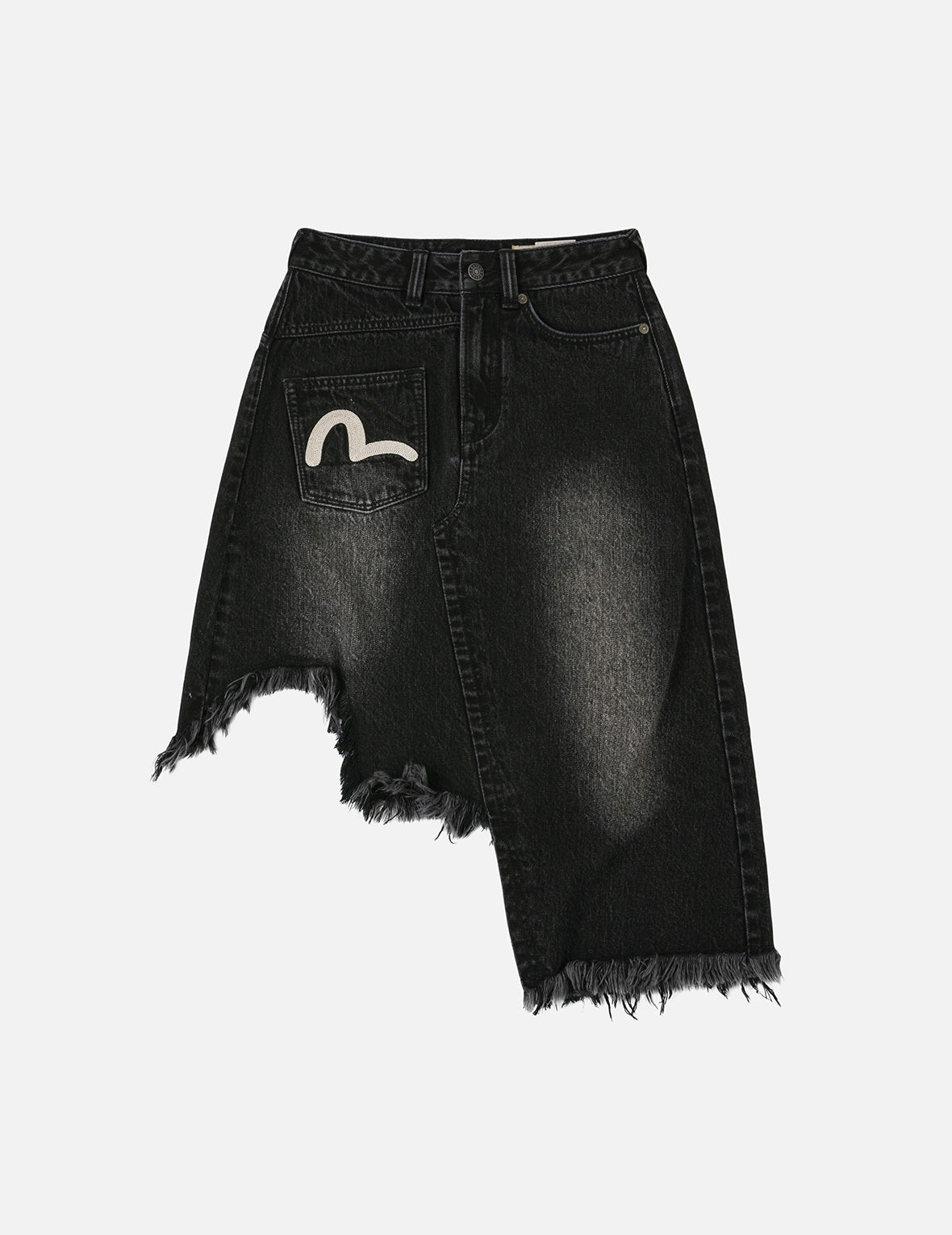 Seagull and Slogan Embroidery Regular Fit Distressed Washed Denim Skirt