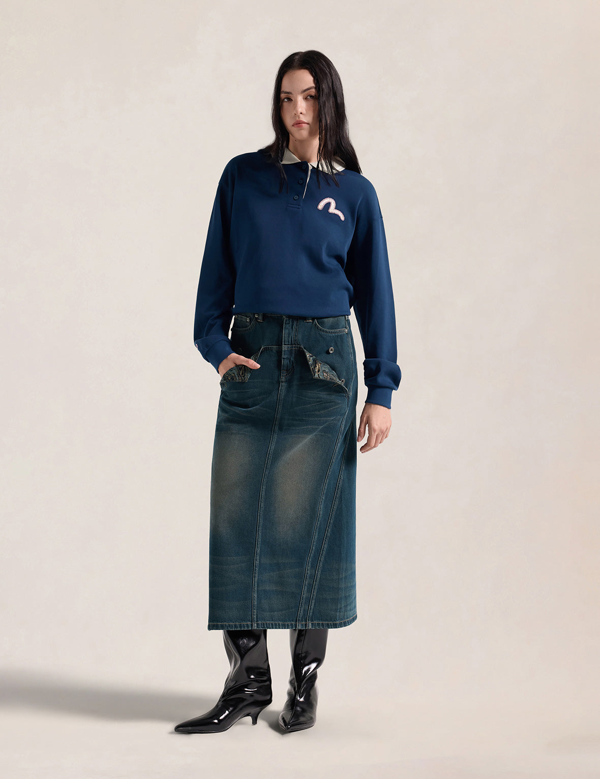 Water-marble Brocade Denim Maxi Skirt
