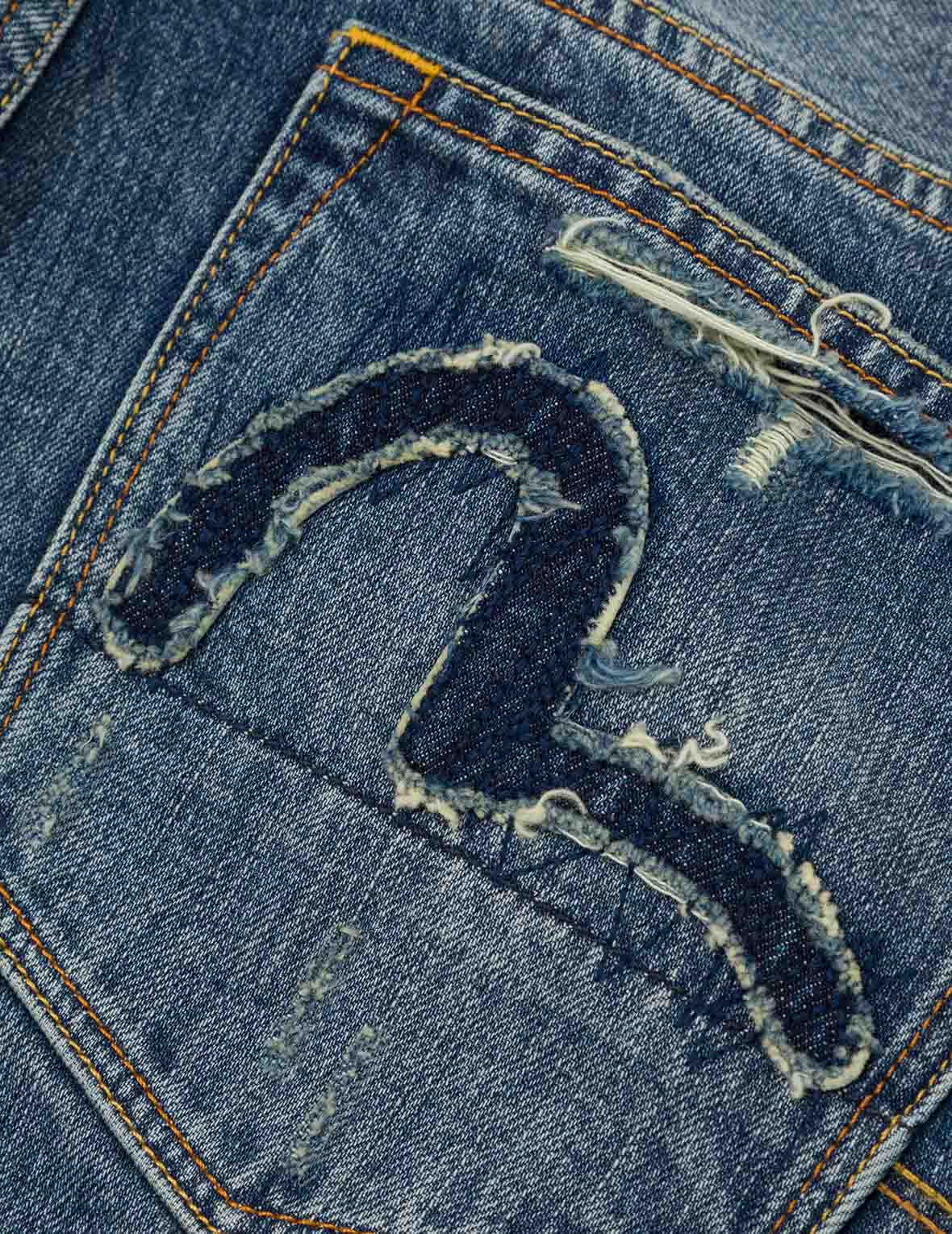 破損海鷗嵌條刺繡常規牛仔褲 #2000
