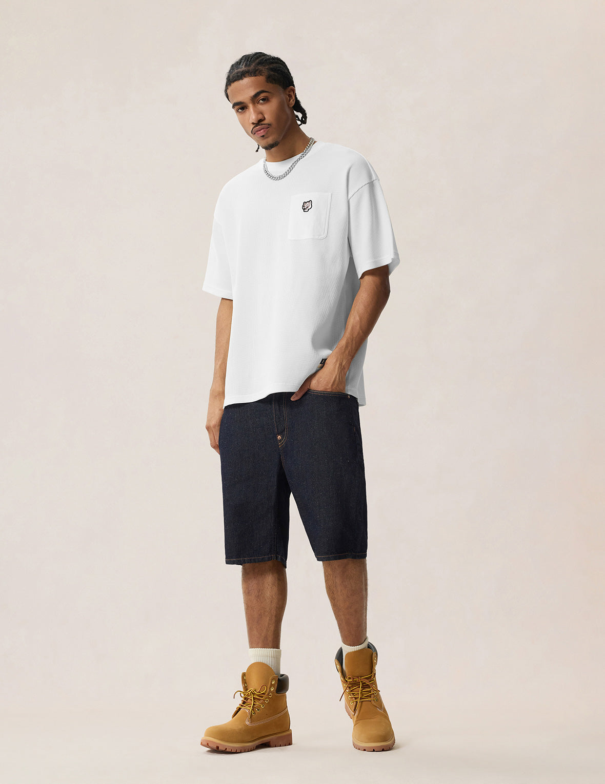 Seagull & Kanji Printed Pocket Denim Shorts