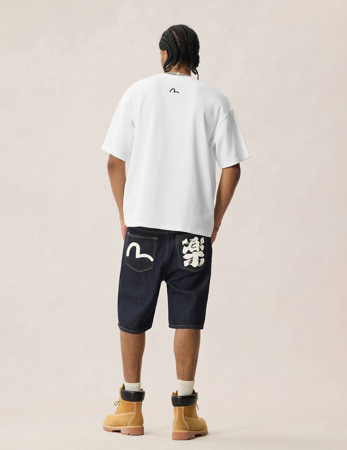 Seagull & Kanji Printed Pocket Denim Shorts