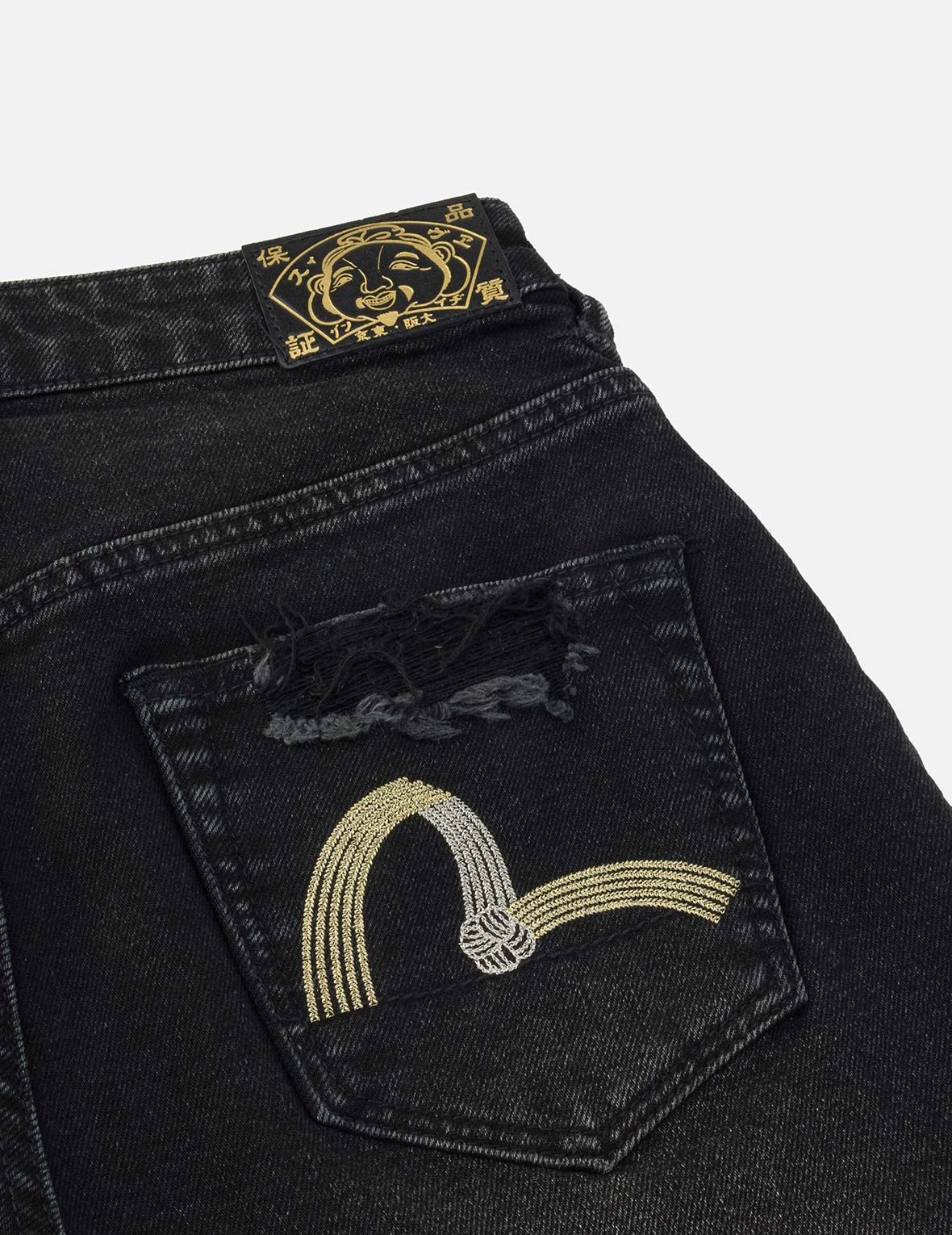 繩結海鷗刺繡寬版黑色牛仔短褲