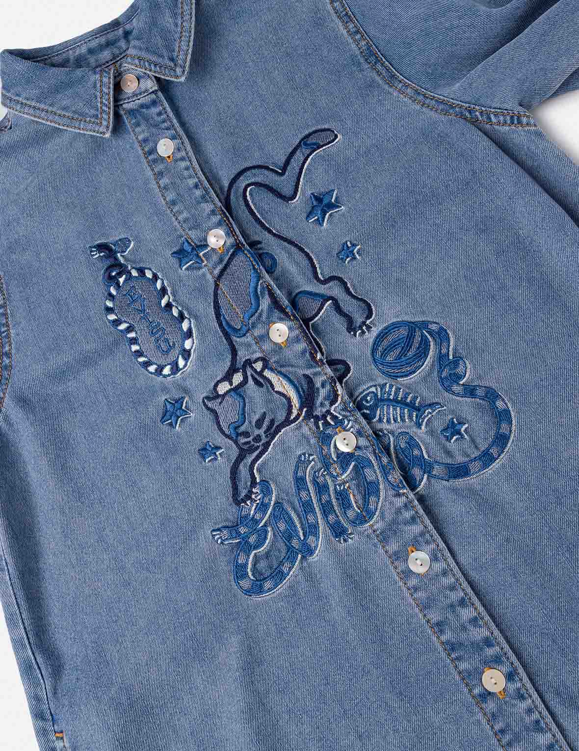 貓咪圖案刺繡丹寧連身裙