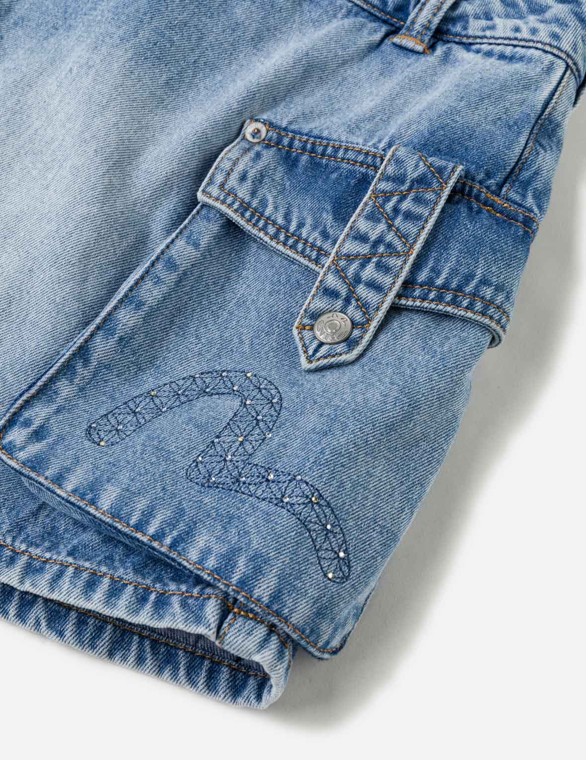 刺繡海鷗鑲鑽工裝短裙褲