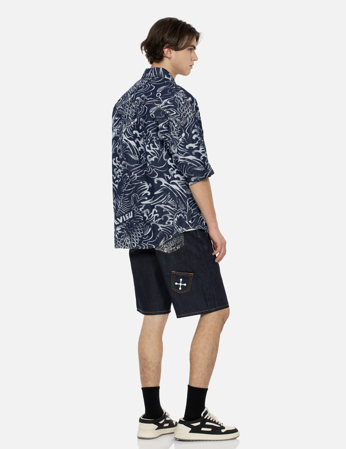 Allover Seagull and Carp Extracted Print Loose Fit Denim Shirt