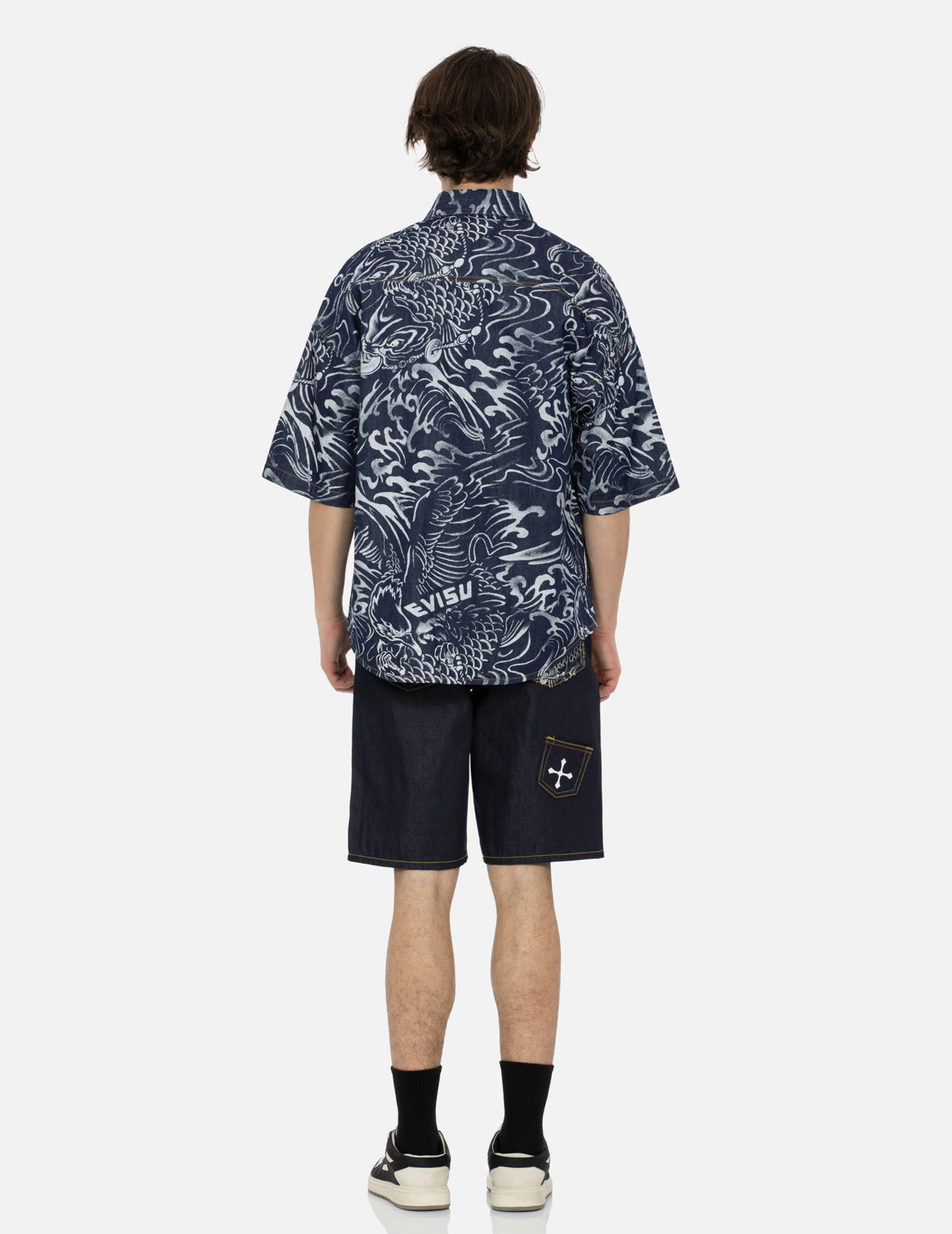 Allover Seagull and Carp Extracted Print Loose Fit Denim Shirt