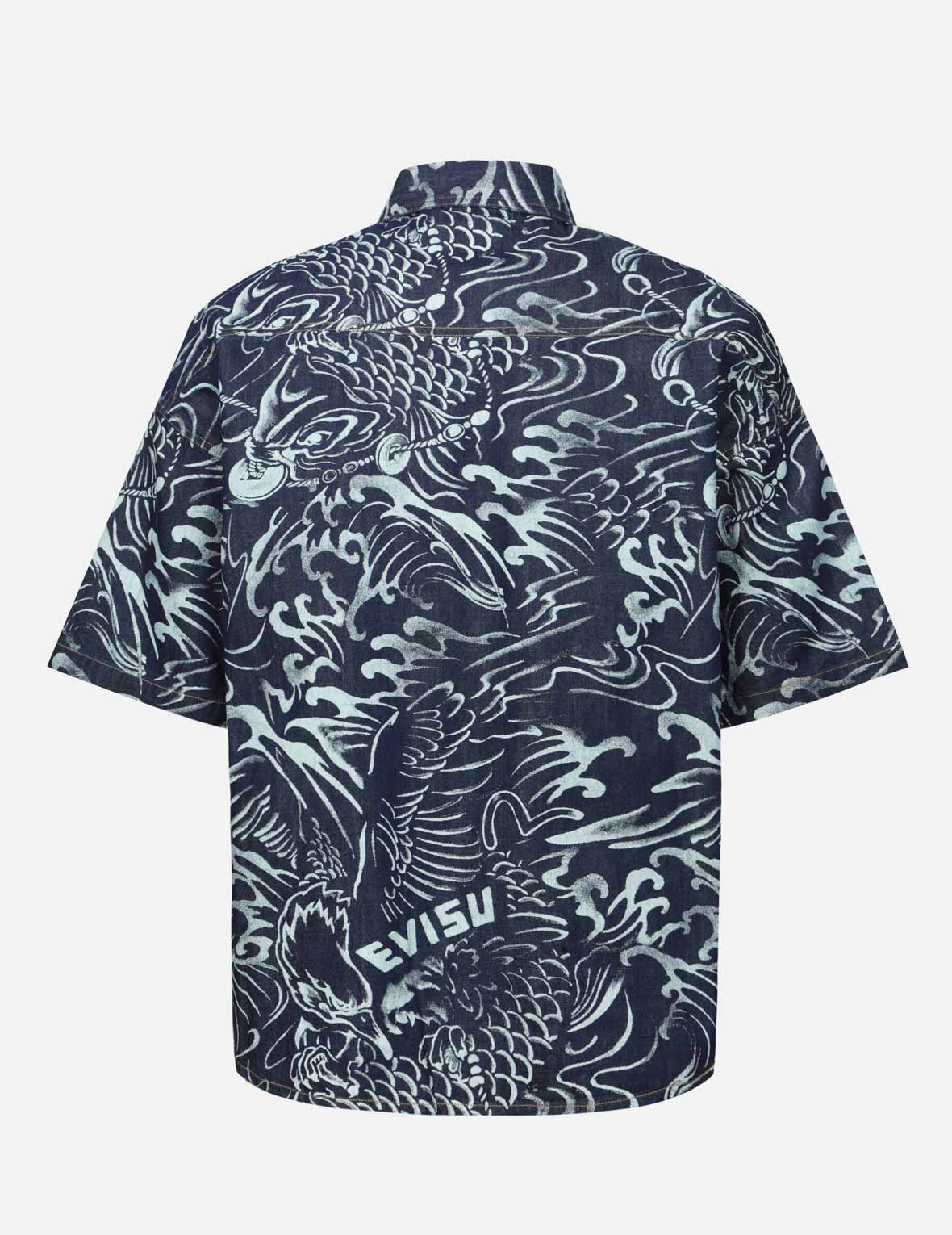 Allover Seagull and Carp Extracted Print Loose Fit Denim Shirt