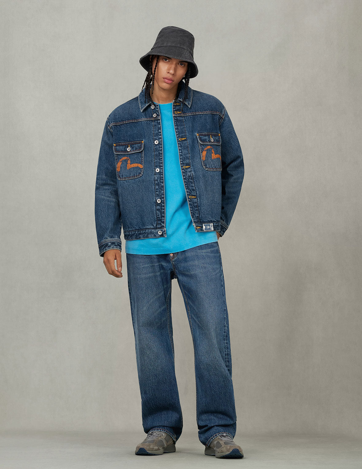 Distressed Seagull Print and Frayed Logo Patch Embroidery Relax Fit Denim Jacket