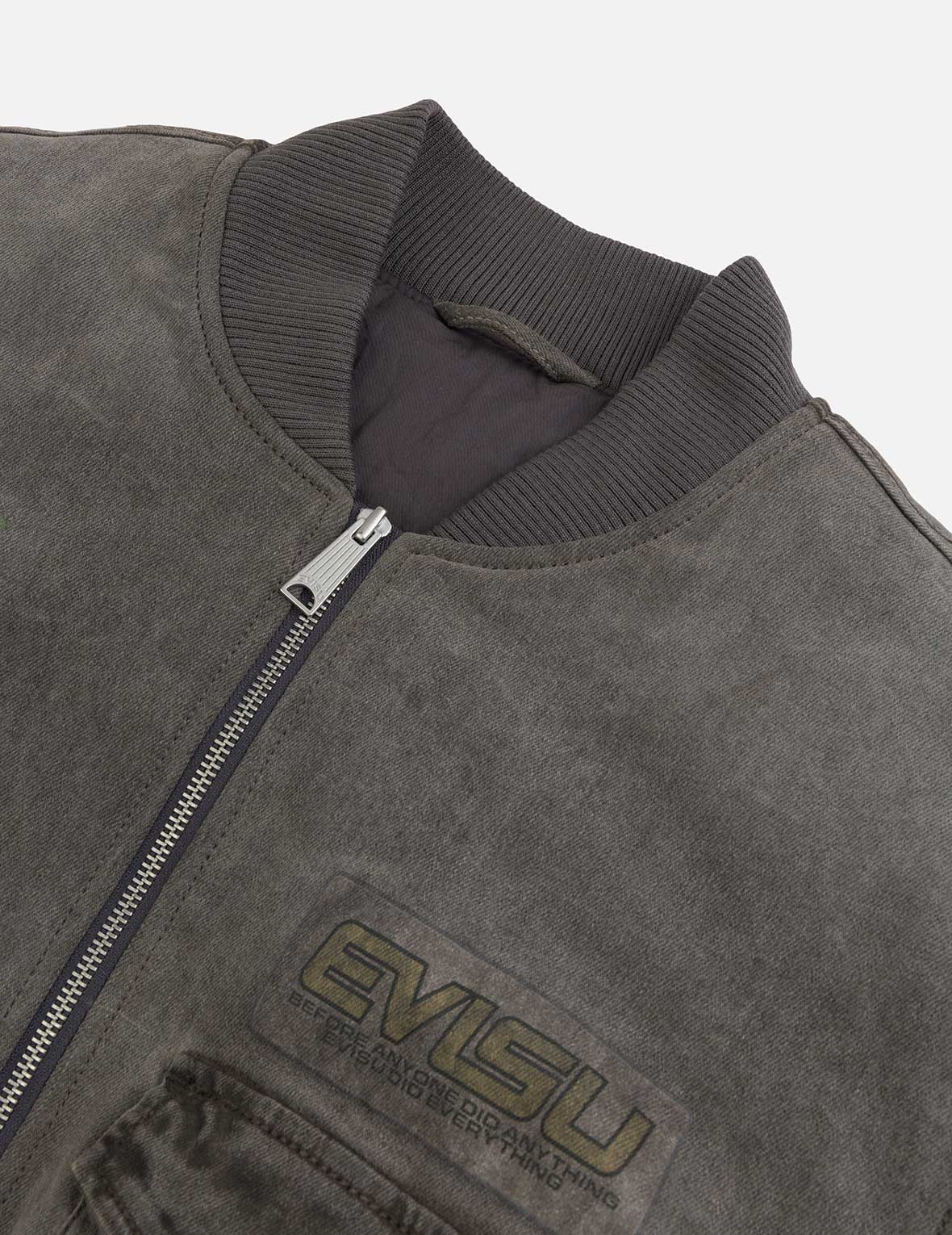 Heavy Washed Multi Logo Badges Print Regular Fit Padded Bomber Jacket