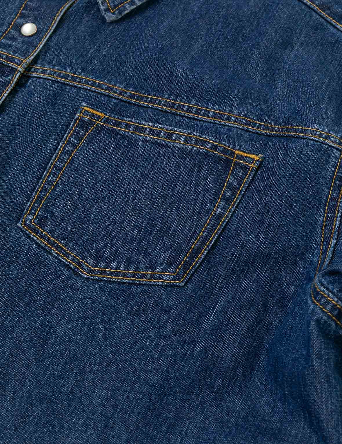 破損商標布貼刺繡寬版休閒牛仔襯衣
