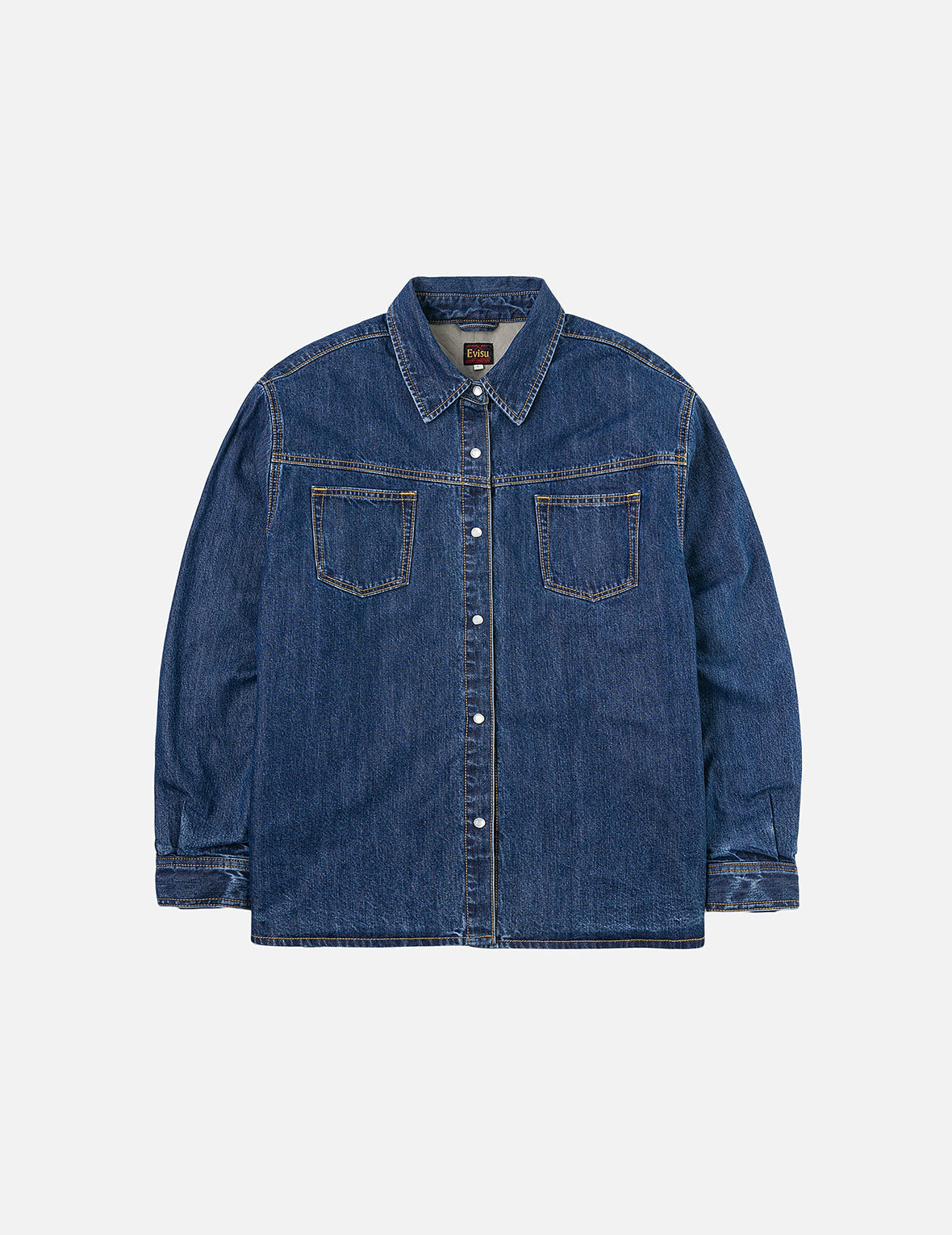 破損商標布貼刺繡寬版休閒牛仔襯衣