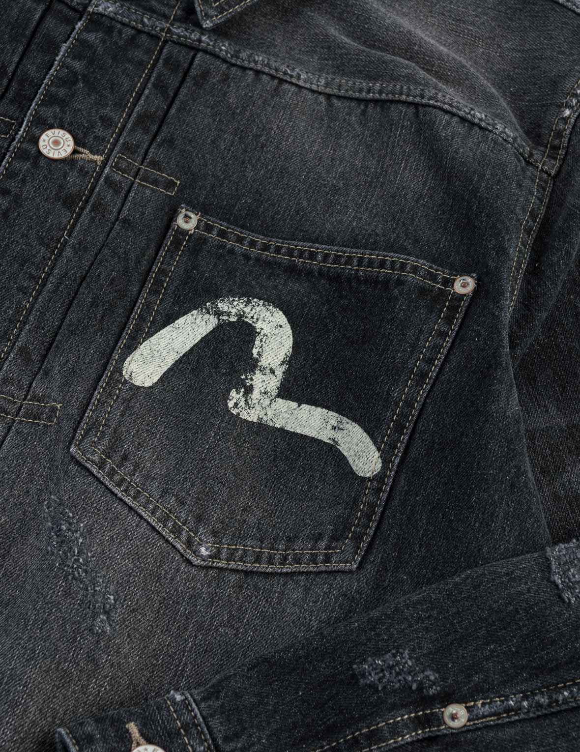 Kanji "Ebisu" Distressed Denim Trucker Jacket