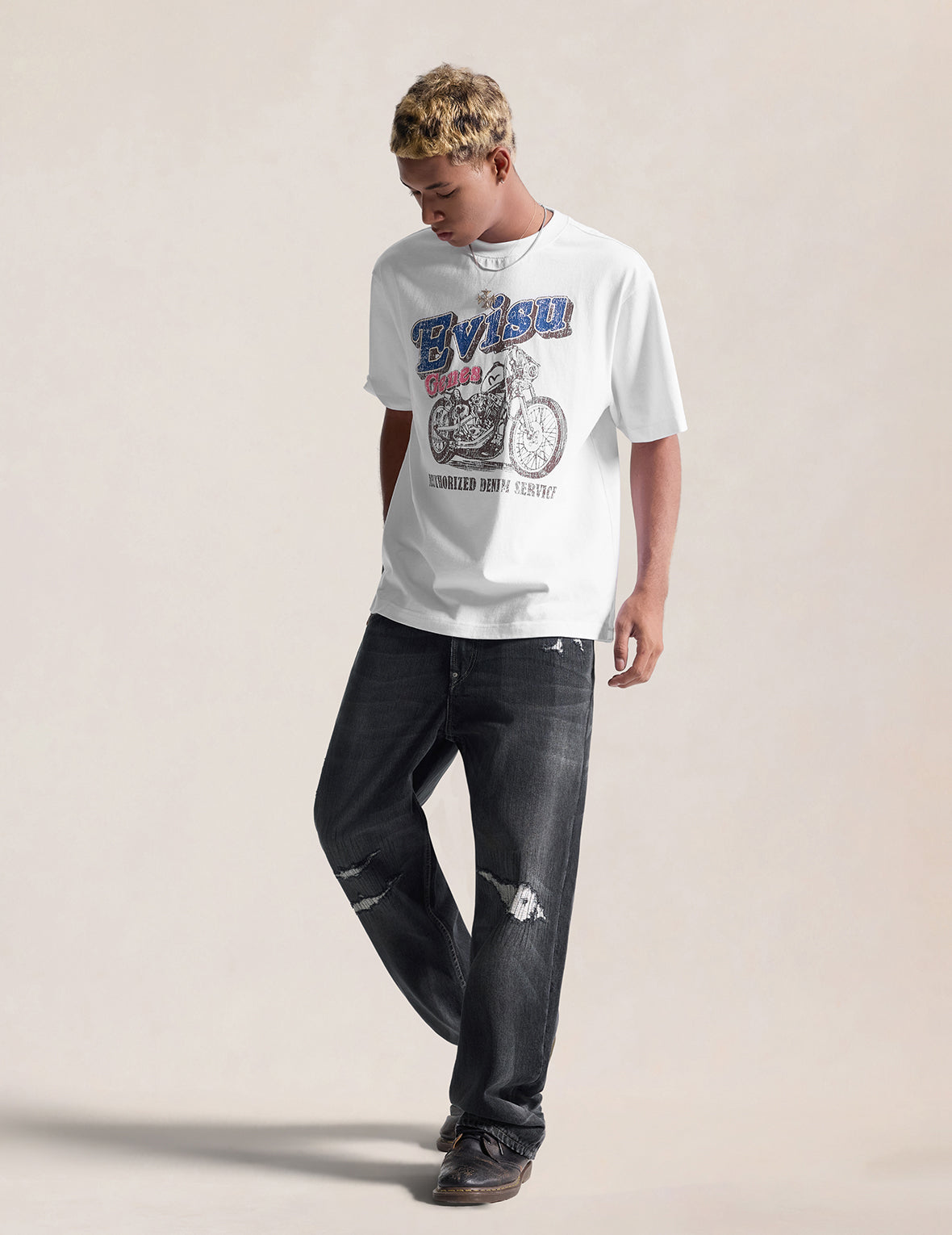 Distressed Kanji "Ebisu" Print Jeans
