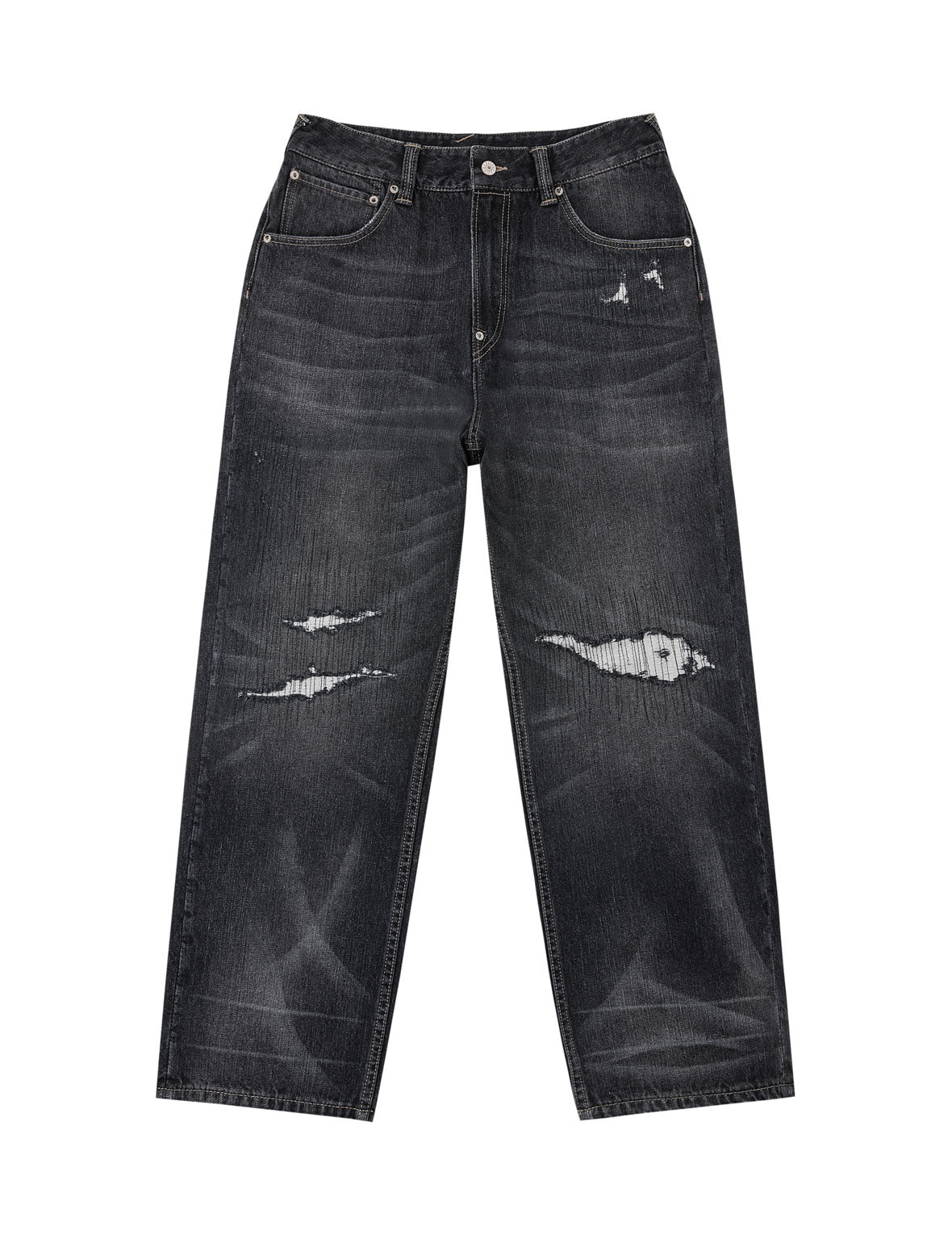 Distressed Kanji "Ebisu" Print Jeans