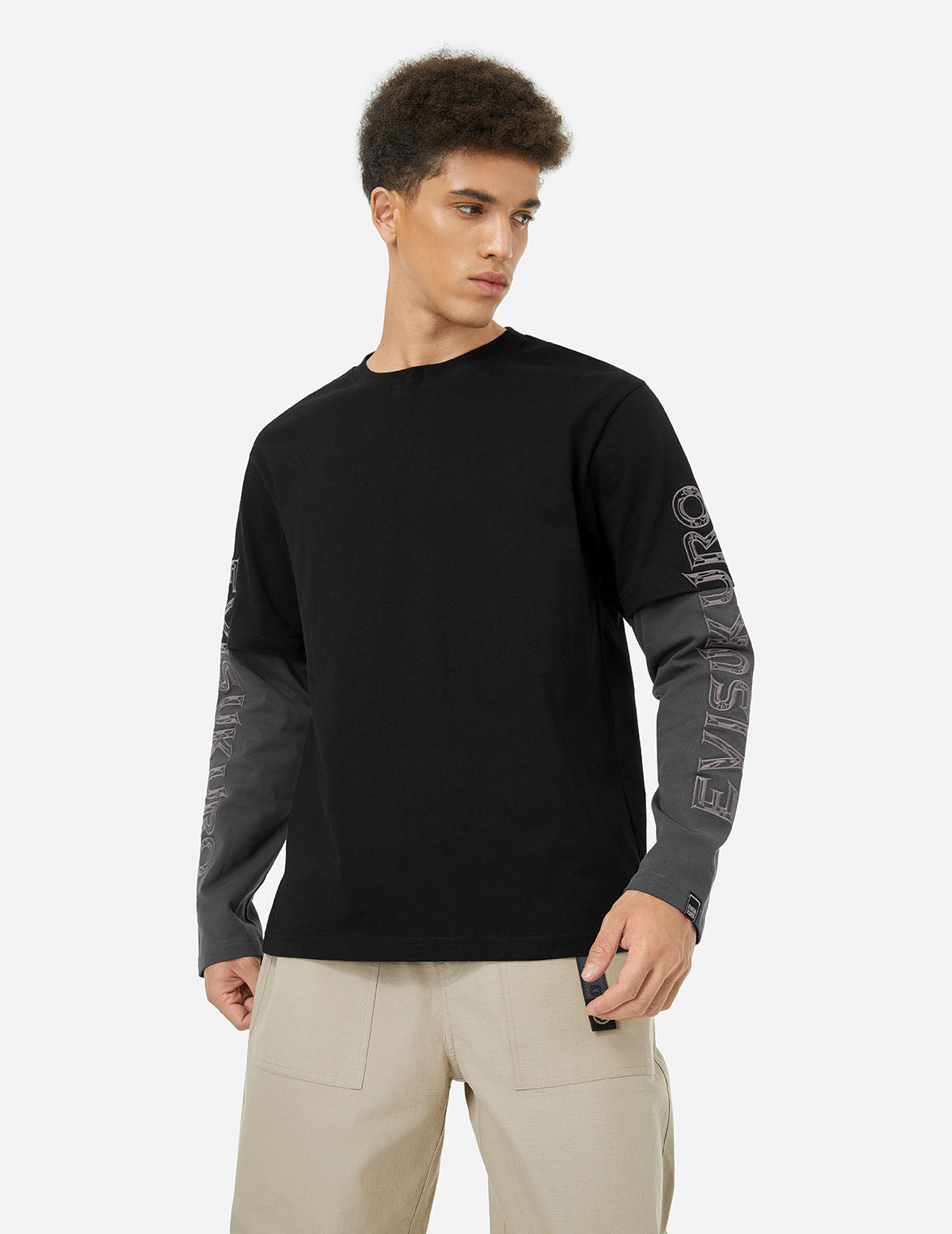 2-in-1 3D Logo Embroidery Loose Fit Long Sleeve T-shirt