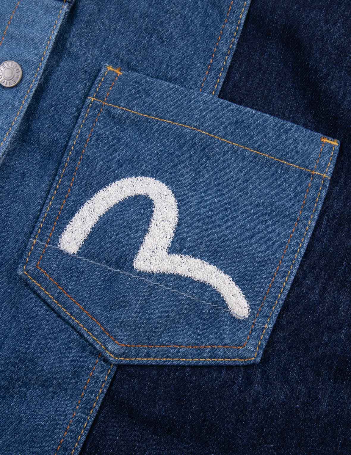 海鷗刺繡與拼布寬版休閒牛仔襯衫