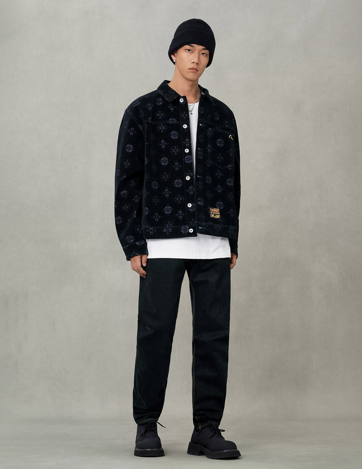Allover Kamon Flocking Print Relax Fit Denim Jacket