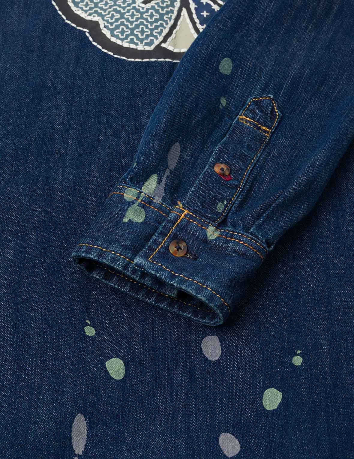 刺繡家花寬版休閒牛仔襯衫