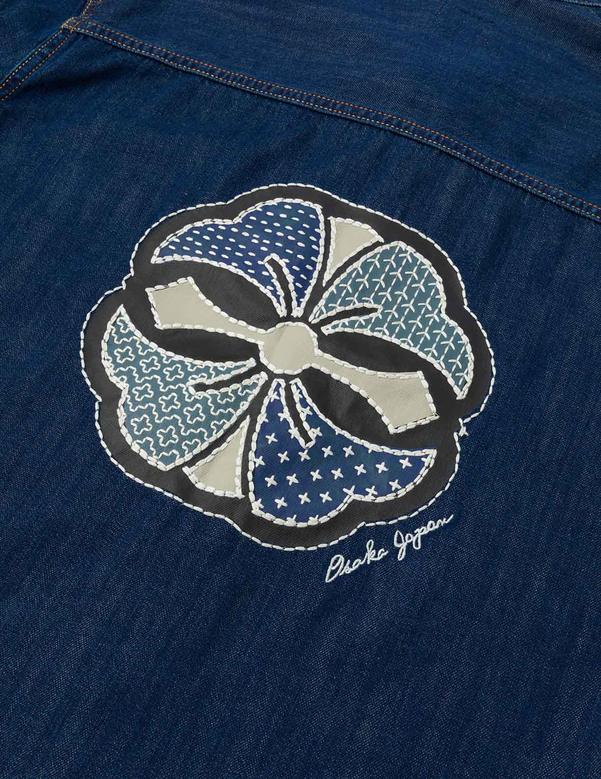 刺繡家花寬版休閒牛仔襯衫
