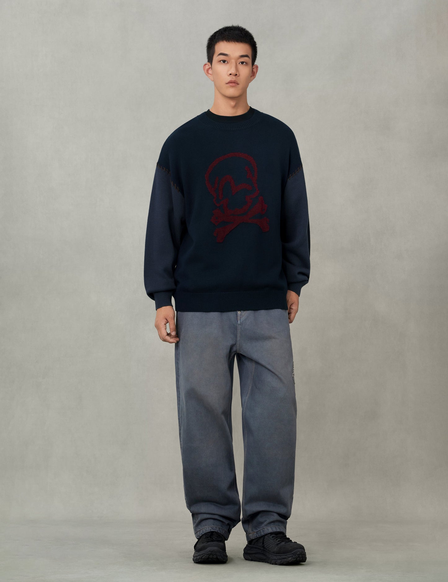 Skull and Seagull Jacquard Oversized Color-Blocking Knit Sweater