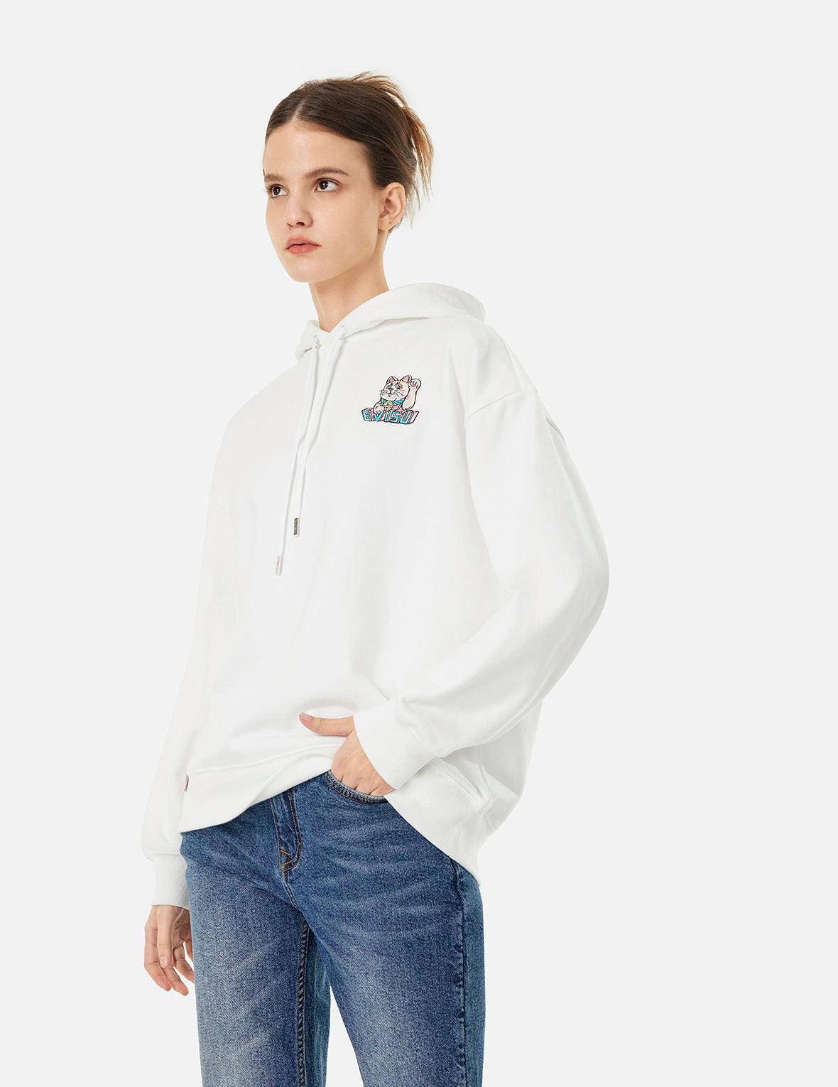 Logo and Fortune Cat Embroidery Oversized Hoodie