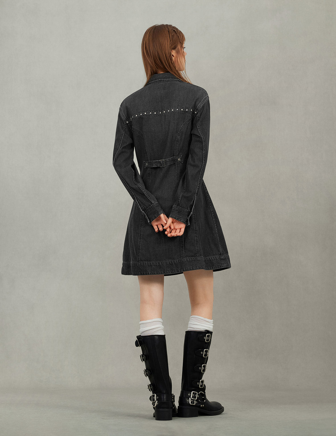 Seagull Embroidery with Studs Fashion Fit Denim Zipper Dress
