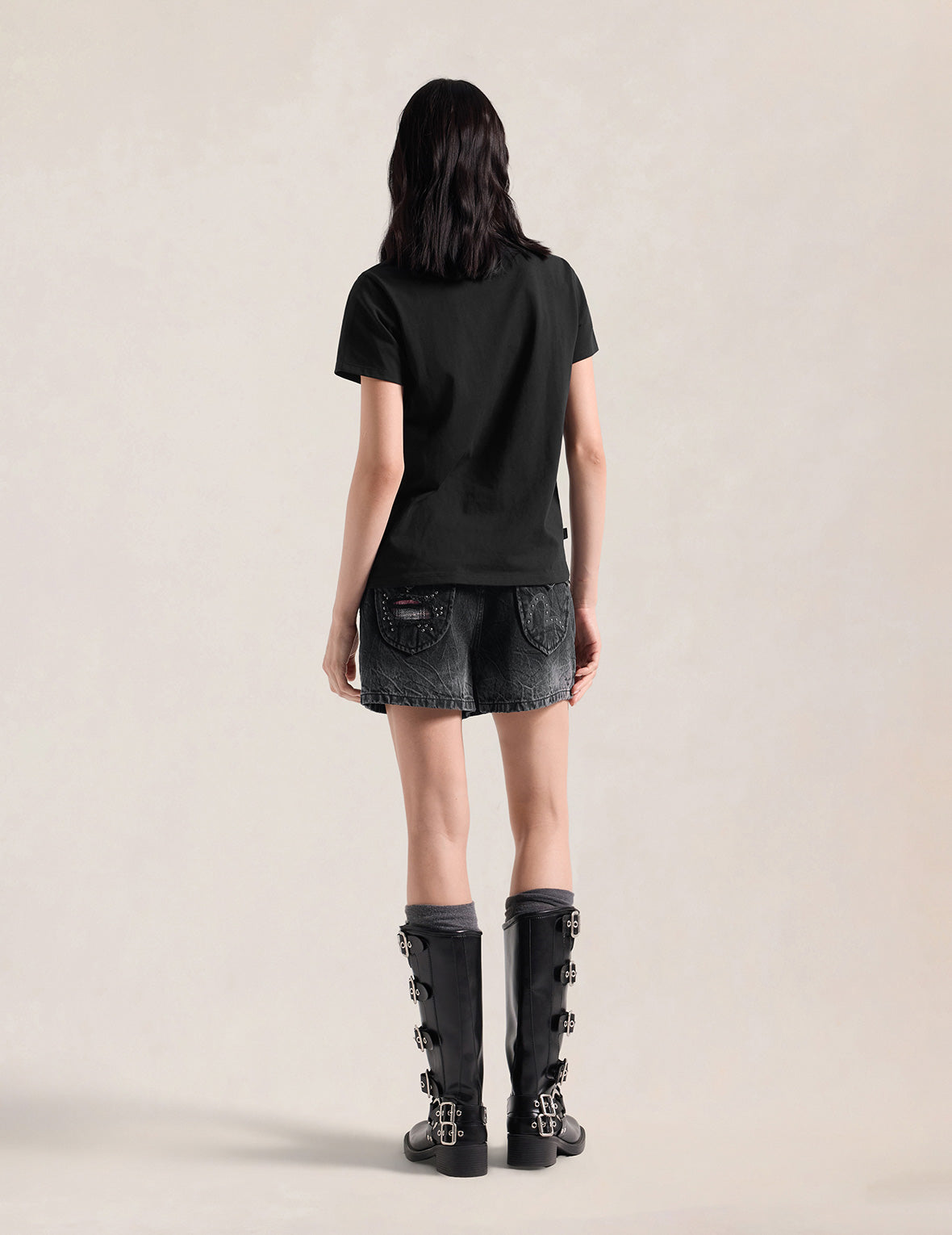 Asymmetric Studded Seagull Denim Skort