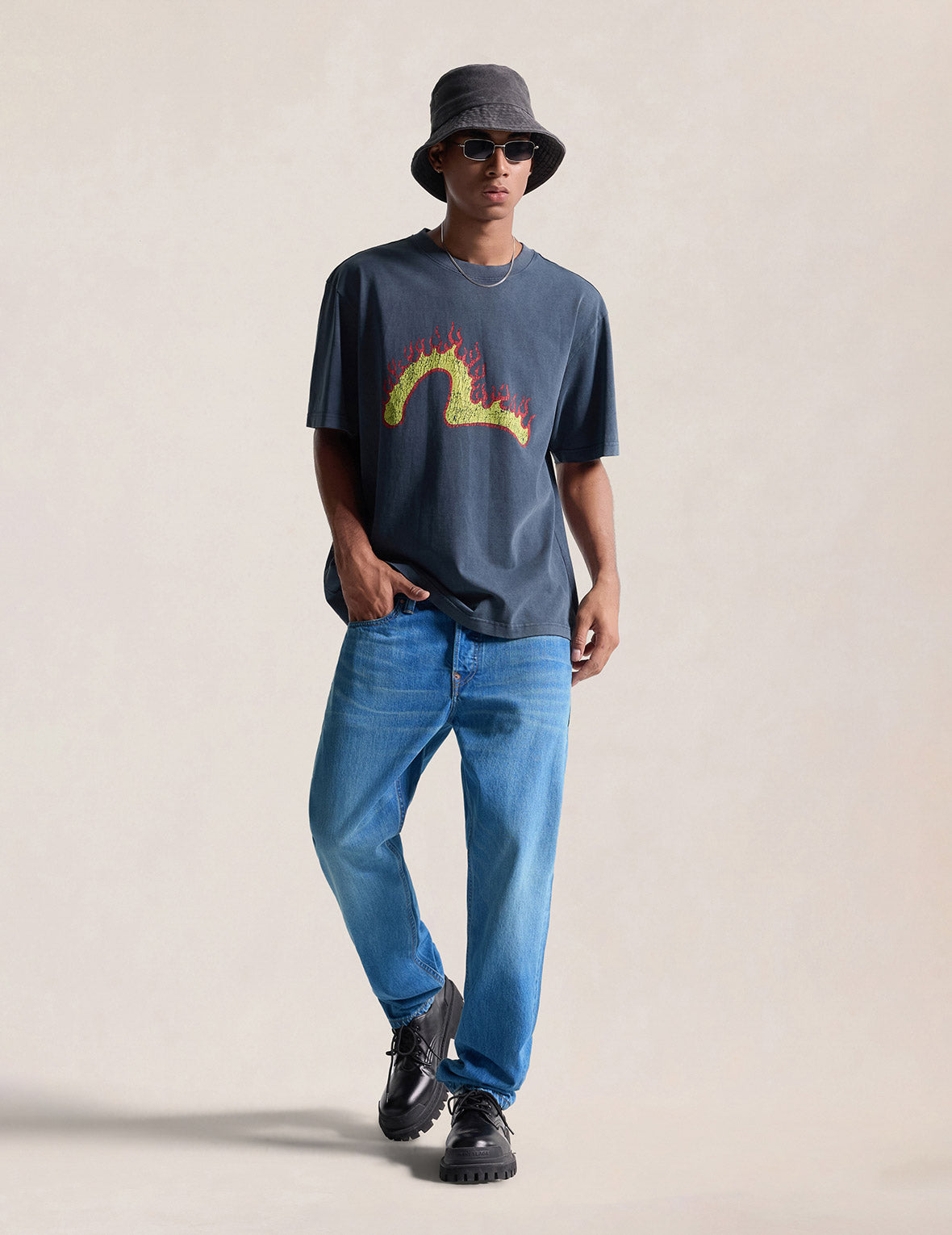 Light-washed Seagull Print Taper Fit Jeans #2017