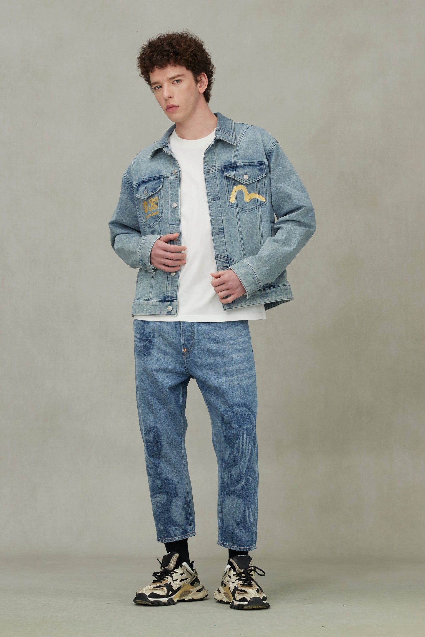 Artistic Brush Daicock Print Relax Fit Denim Jacket