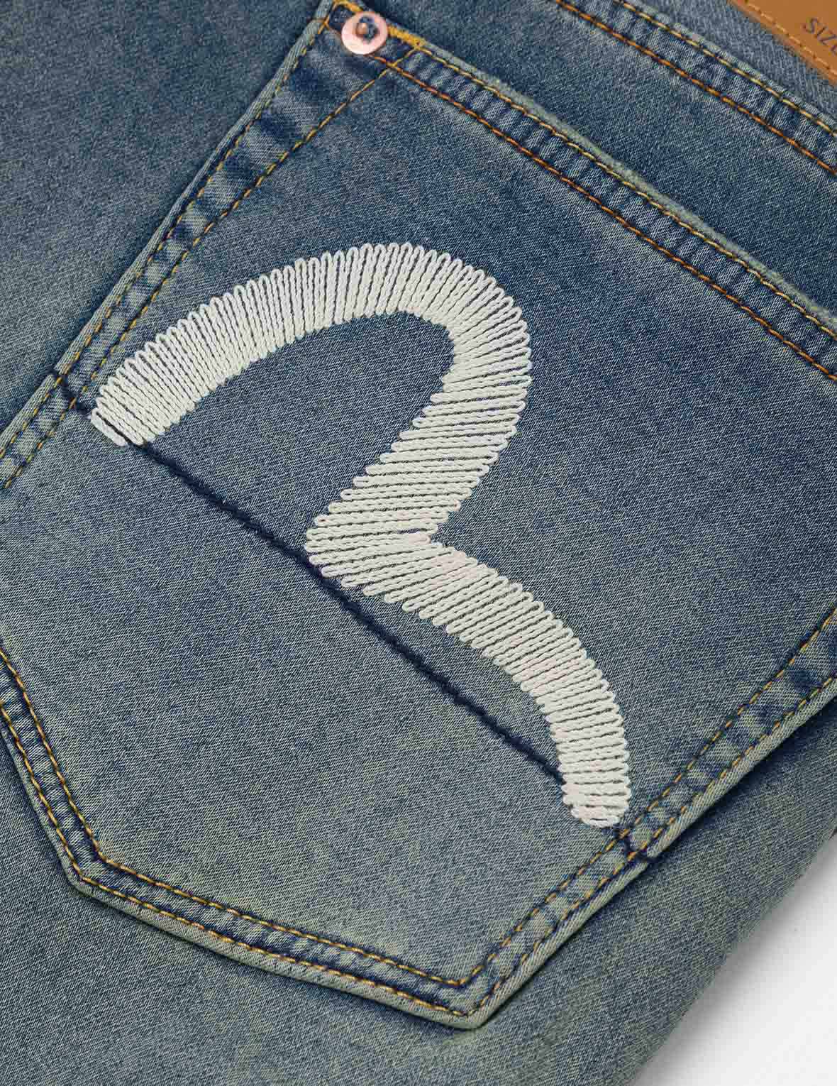 海鷗刺繡與人手編織掛繩休閒牛仔褲 #2030