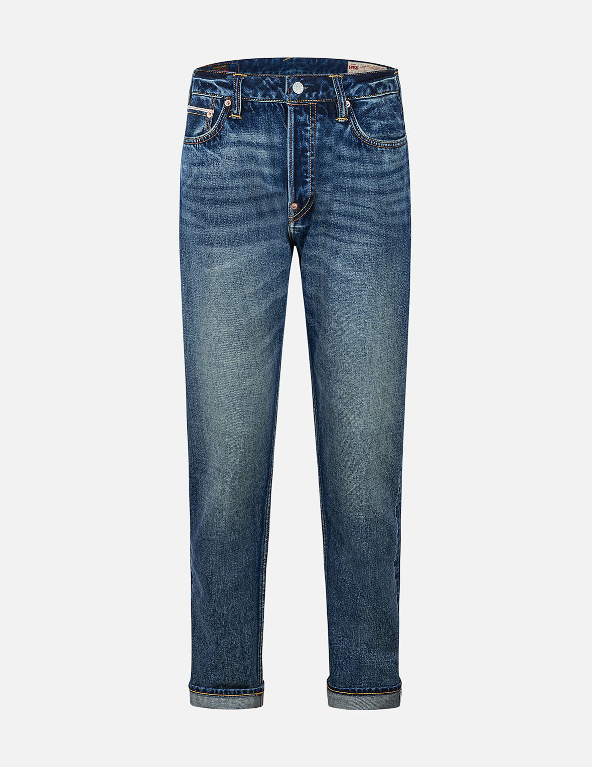 Seagull Embroidery and "EVISU SINCE 1991" Print Patch Taper Fit Jeans #2017
