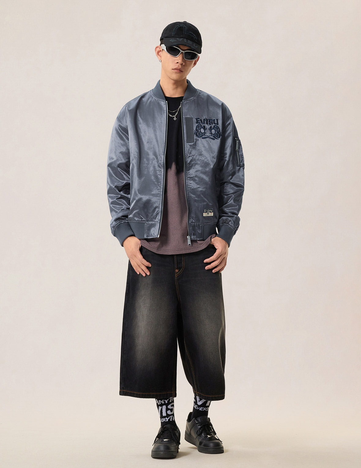 Garment Dyed Daruma Embroidery Bomber Jacket