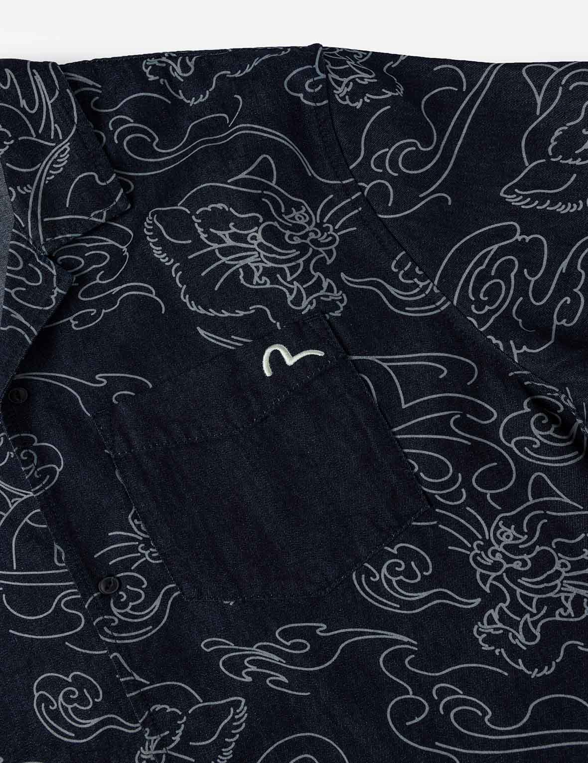 Allover Leopard and Cloud Print Denim Shirt