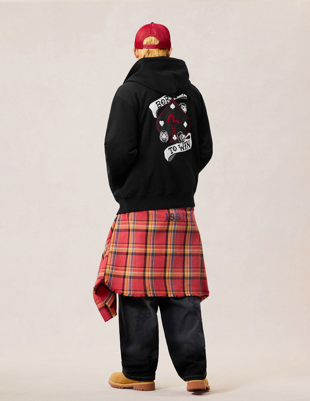 Poker Spade Embroidery Zip-up Hoodie - Black