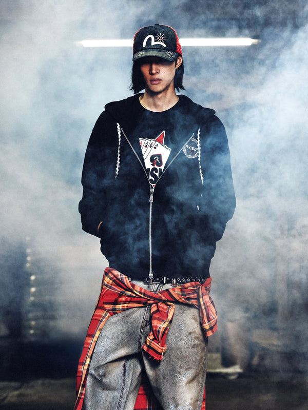 Poker Spade Embroidery Zip-up Hoodie - Black