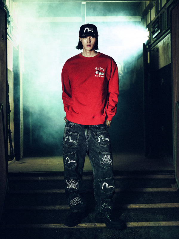 Poker Lucky Dice Embroidery Sweatshirt - Red