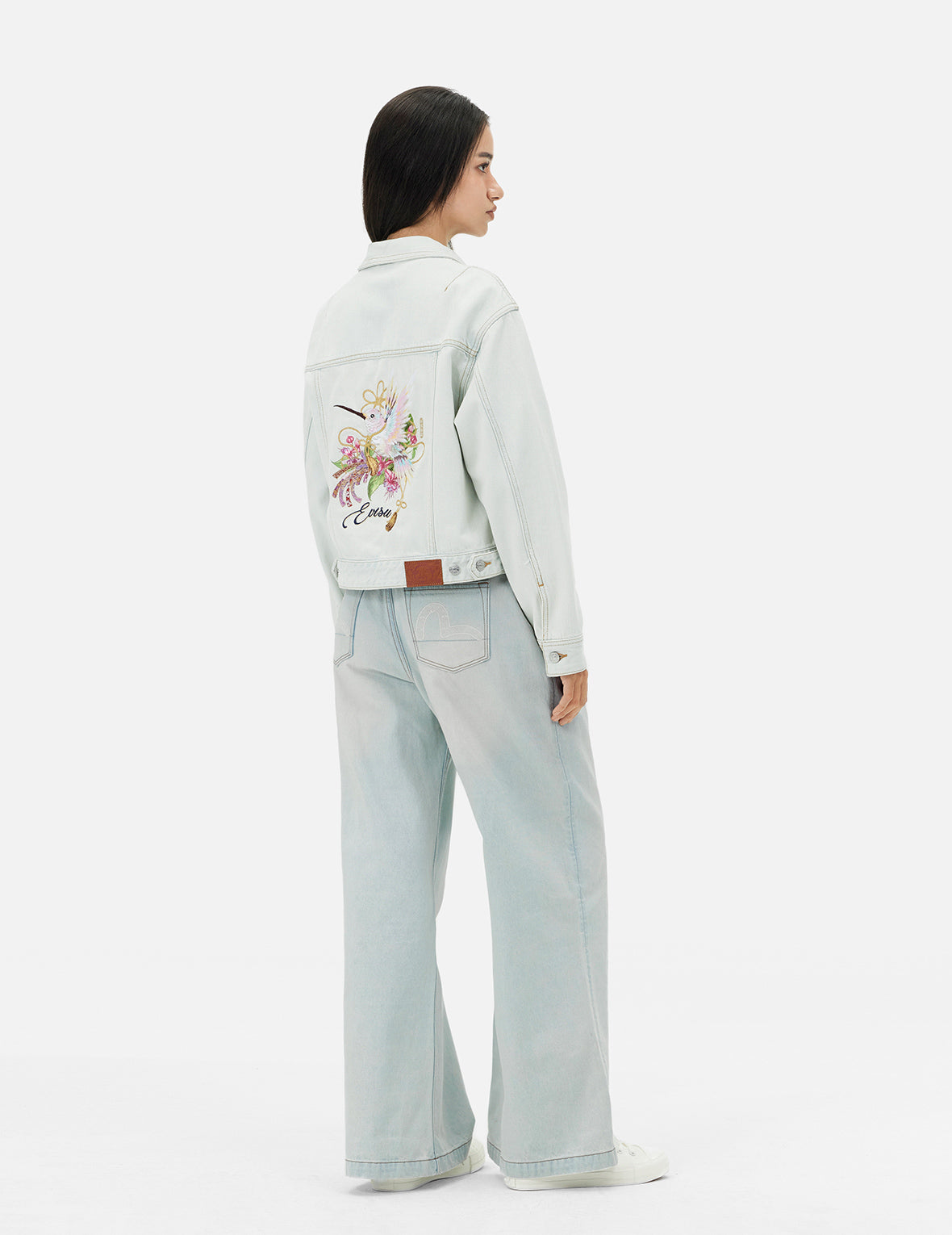 蜂鳥和木蘭花刺繡寬版牛仔外套