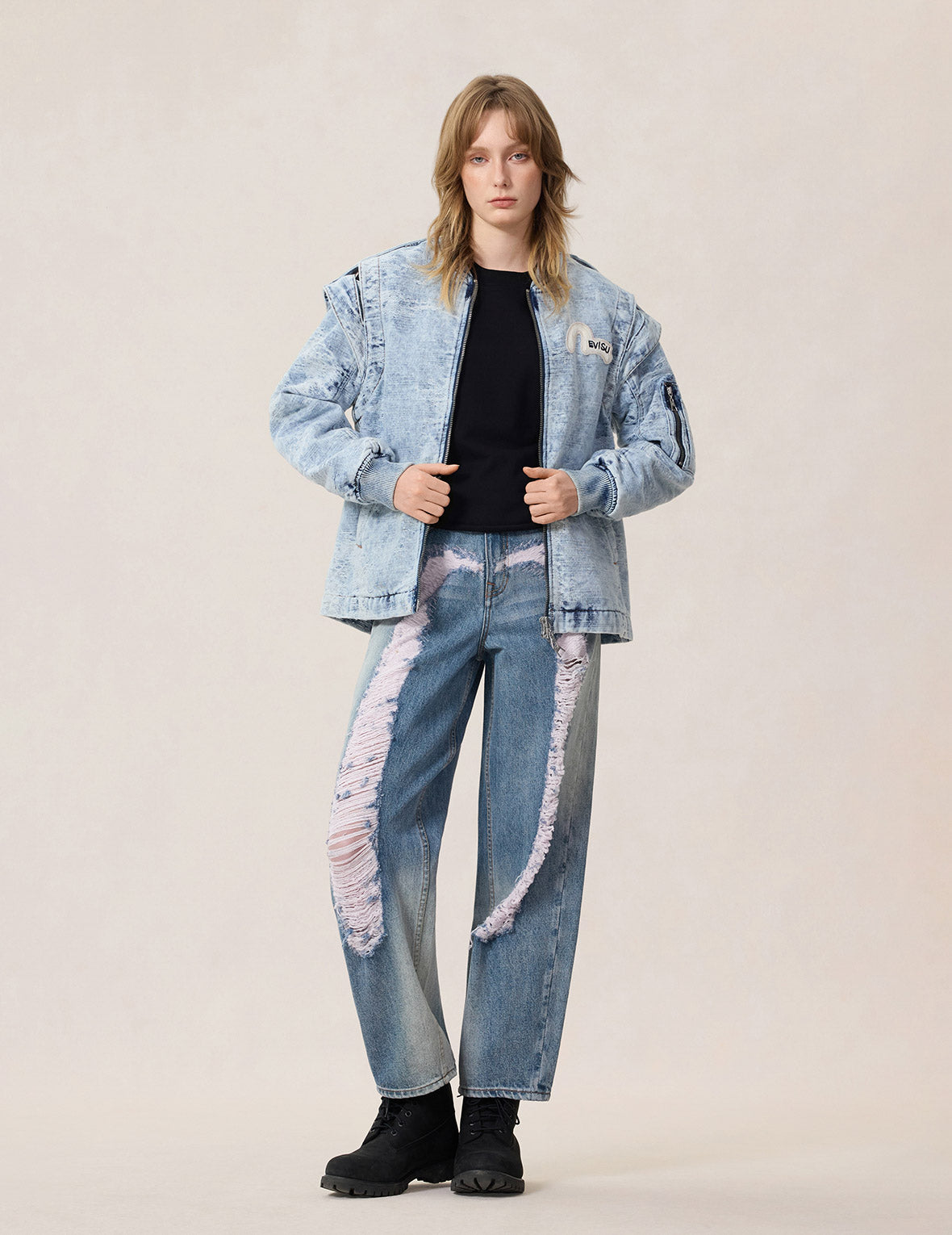 Detachable Distressed Denim Bomber Jacket