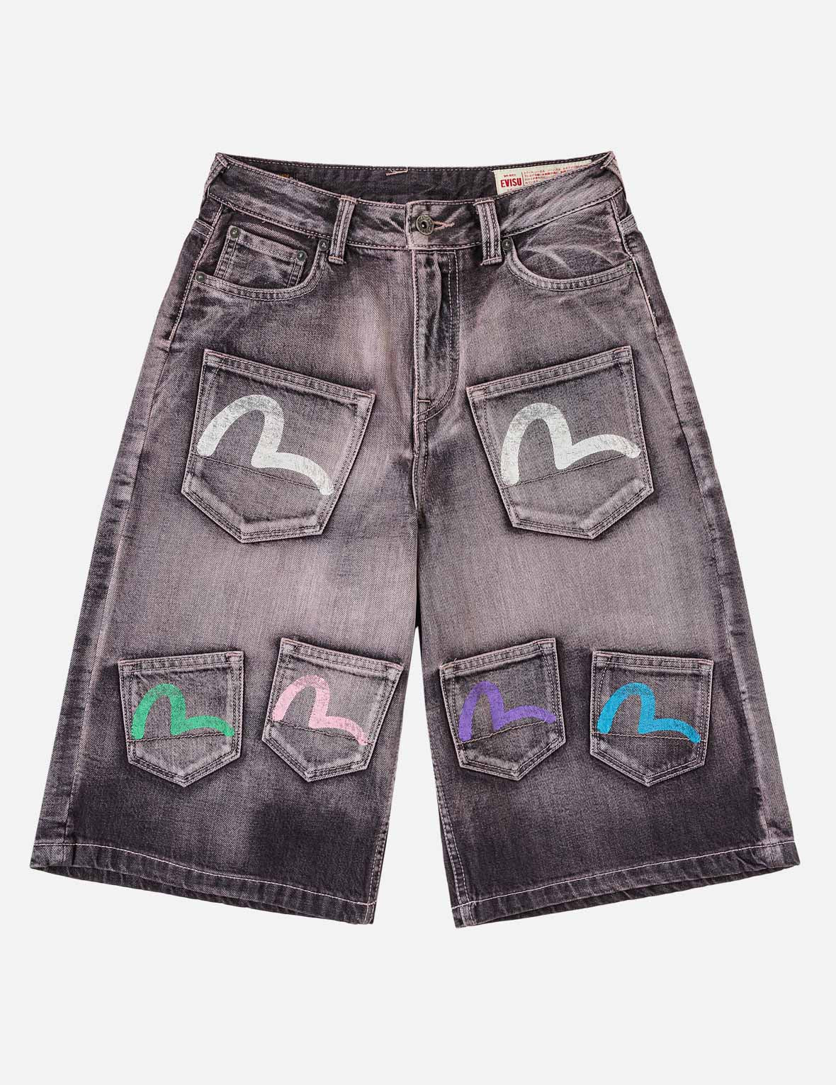 Seagull Print Multi-Pocket Denim Shorts