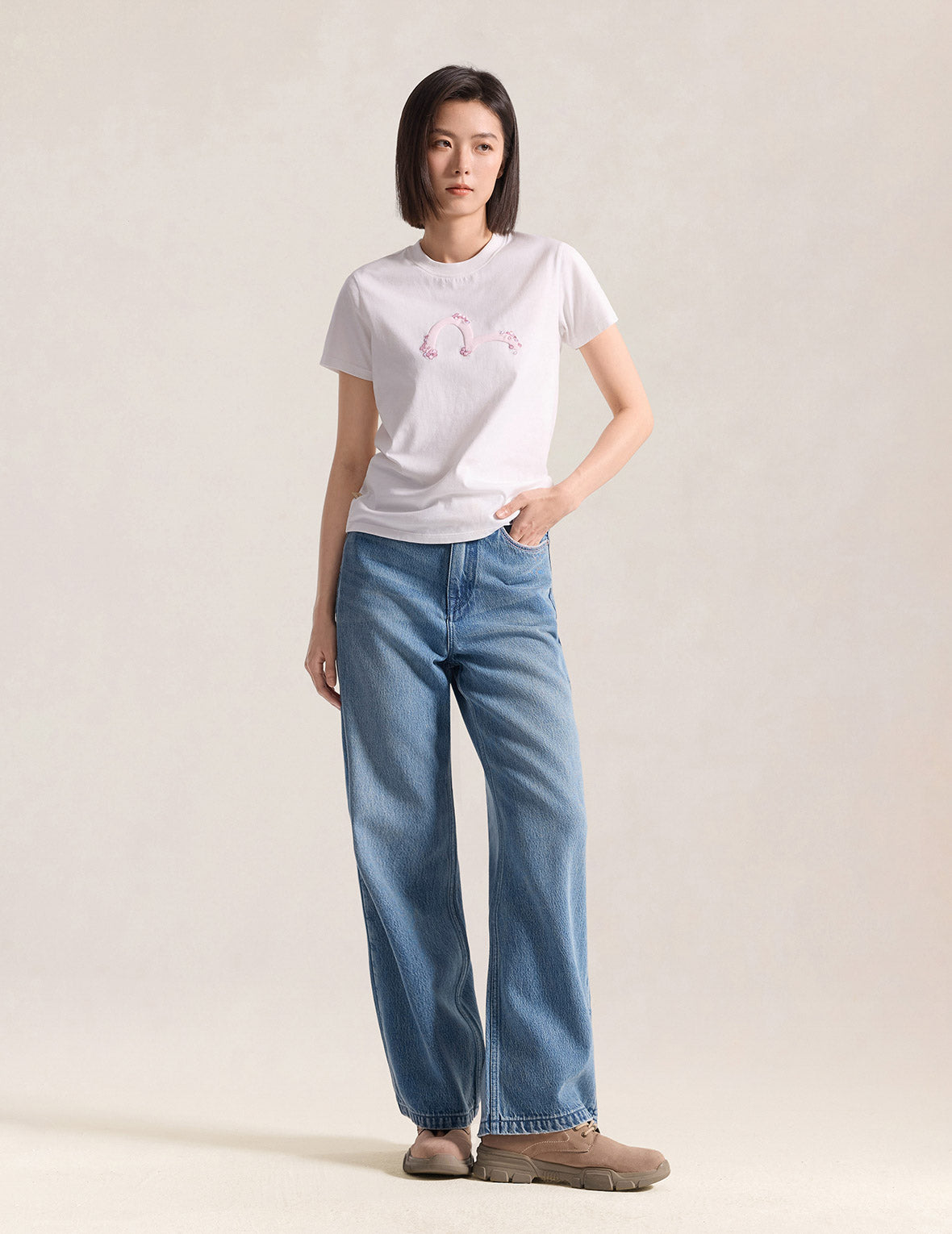 Light Pink Washed Daicock Print Jeans