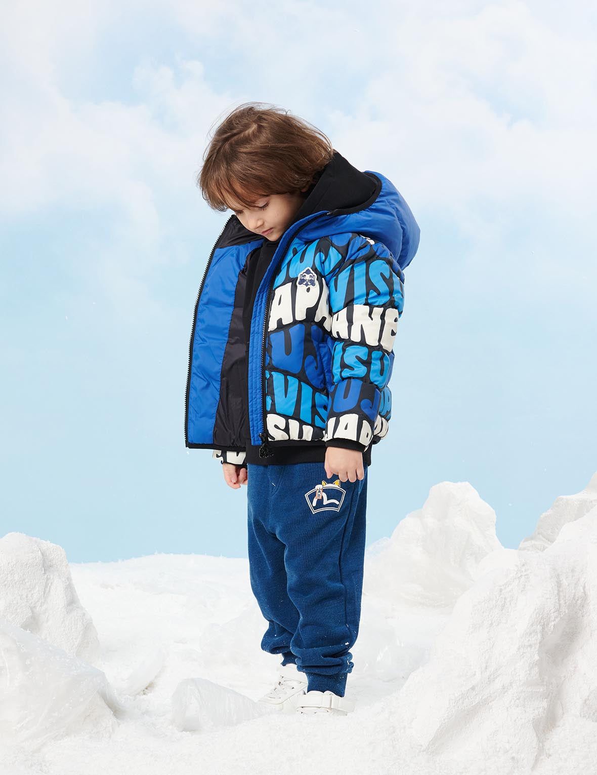 Allover Wavey Logo Print Down Jacket