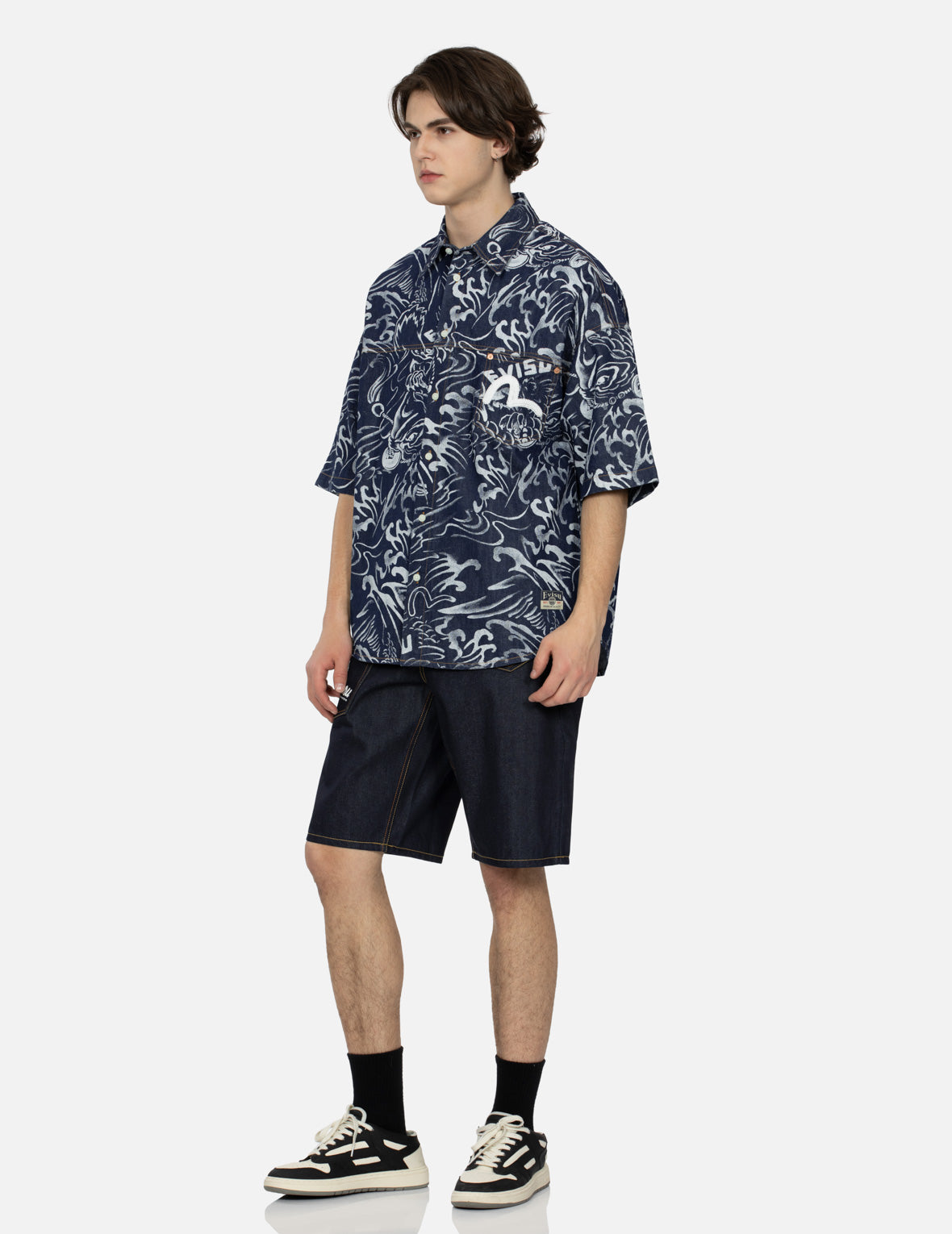 Allover Seagull and Carp Extracted Print Loose Fit Denim Shirt